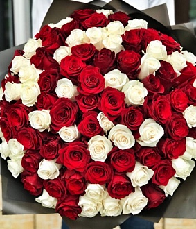 101 Красно-белая роза в стильной черной упаковке
